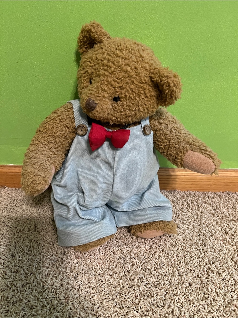 Plush Brown Bear with Blue Overalls and Red Bow Tie